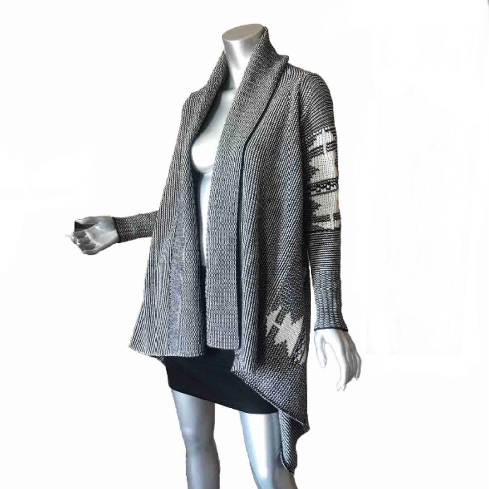 BB Dakota Women's Small Wool Blend Shawl Open Front Cardigan Sweater Black White